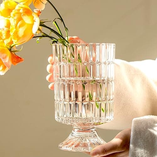 BLOFLO Embossed Glass Vase, 7'' Crystal Glass Vases, Pedestal Big Base Glass Bouquet Vase, Hydroponic Glass Transparent Vase for Home Office Wedding Dining Table Party (Ribbed Pattern) thumbnail 3