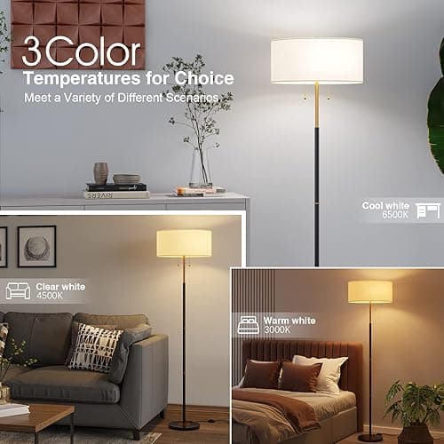 Karjoefar 2-Light Floor Lamp, Mid Century Floor Lamp with White Fabric Shade, Standing Lamp Tall Lamp for Living Room Bedroom, 3 Color Temperatures 9W Bulb Include - Black & White thumbnail 2