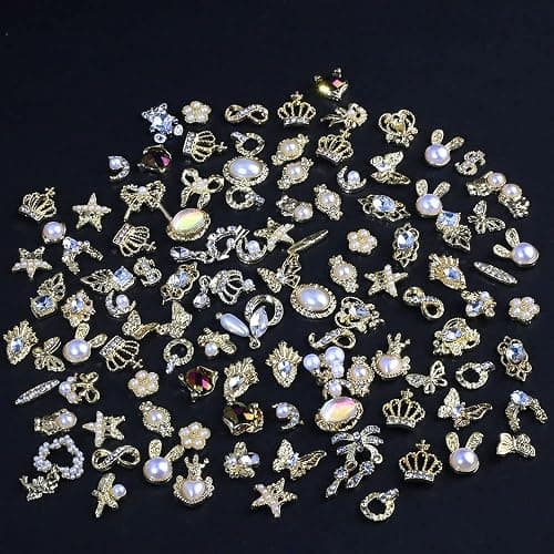Dornail 50 Stück Gold Nail Charms,Mix Styles Glitzersteine Nägel Perle Legierung Nagel Steine Blume Schmetterling Strasssteine Nägel Herz Stern Nagel Charms DIY Nail Art Zubehör Frauen nägel Deko thumbnail 6
