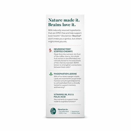 NEURIVA Plus Brain Supplements for Memory and Focus, Clinically Tested Nootropics Neurofactor and Phosphatidylserine, with Vitamin B12, Vitamin B6 and Folic Acid, 30 Count Capsules | Brian Supplements for Memory and Focus, Phosphatidylserine, Vitamin B12, Vitamin B6, Neurofactor, Decaffeinated Nootropic thumbnail 12