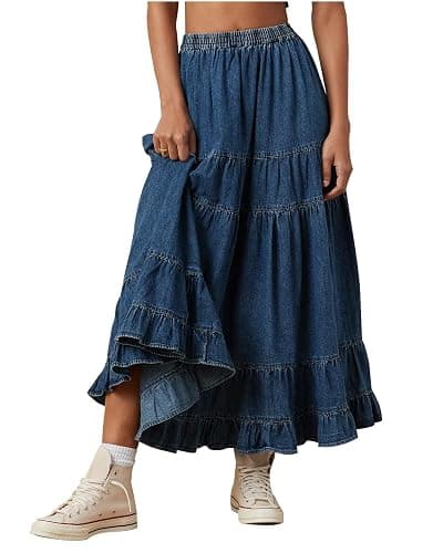 YEXPINE Women's Swing Chambray Maxi Skirt Elastic Waist Pleated Tiered Flowy Long Skirts Retro Denim Skirt - Image 1
