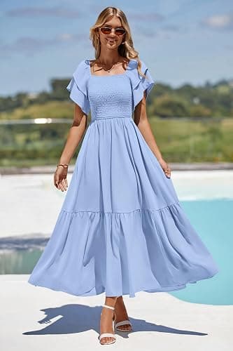 MASCOMODA Womens Summer Casual Midi Dress Square Neck Ruffle Short Sleeve Smocked High Waist A Line Wedding Guest Dresses thumbnail 6