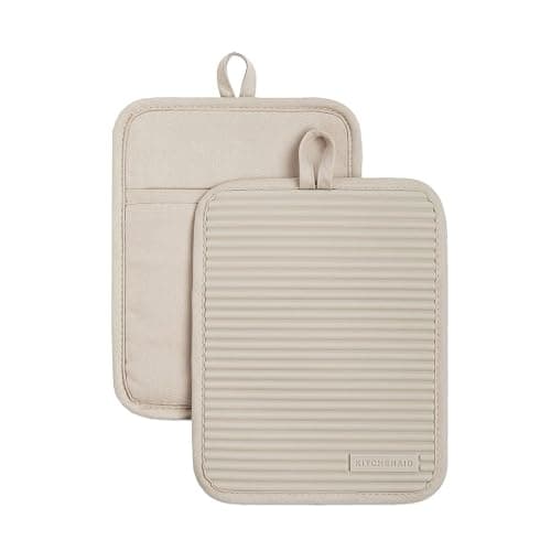 KitchenAid Ribbed Soft Silicone Pot Holder 2-Pack Set, Milkshake Tan, 7"x9" - Milkshake - 7"x9" - Image 1