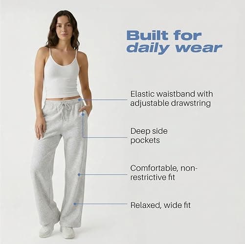 Common Stitch 3 Pack Wide Leg Fleece Sweatpants for Women, Deep Pockets | Soft Fleece, Relaxed Fit, Elastic Drawstring Waist, Lounge, Travel, Everyday Wear thumbnail 3