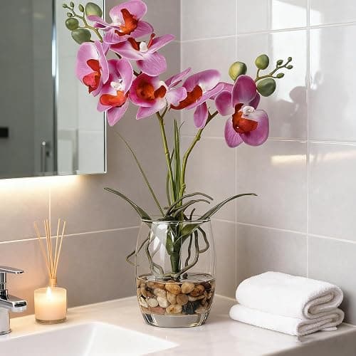 Artificial Purple Orchid in Glass Vase, Lifelike No-Maintenance Decor | Phalaenopsis Arrangement, 14.5 Inch Centerpiece for Home Office Table Decor, Realistic Faux Orchid with Potting thumbnail 7