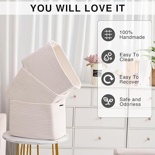 ICERZCZ Storage Baskets for Organizing Shelves, Woven Cotton Rope Bins for Baby Nursery Organization, Book Toy Towel Organizer, 15"x11"x9.5", 3 Packs, Off White thumbnail 5