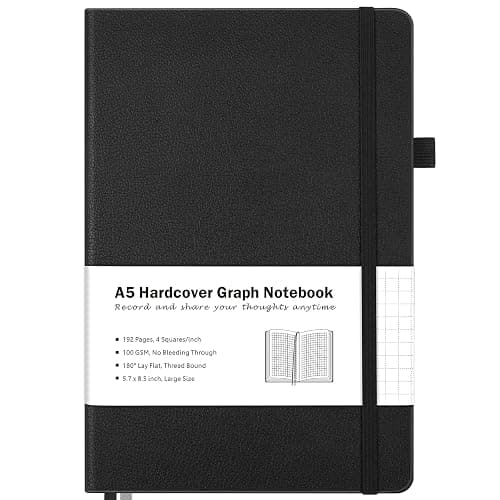 Graph Paper Notebook, Hardcover Notebook, Grid Notebook Journal for Women, Men, Large Leather Journals for Writing, Thick Paper, A5 Notebooks for Work, School Supplies, Engineering, 5.7"x8.5", Black - Image 1