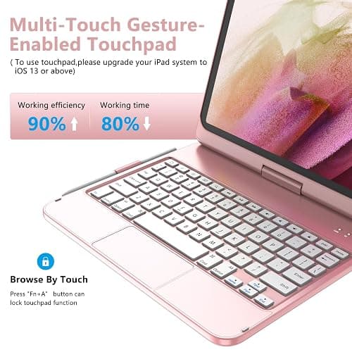 TQQ Touch for iPad (A16) 11th Generation Case with Keyboard (11", 2025) & 10th Gen (10.9", 2022) - 360° Rotatable, Thin & Light, Multi-Touch Trackpad for iPad (A16) 11th/10th Gen (Pink) thumbnail 2