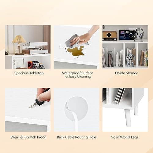 VINGLI Record Player Stand with Open Vinyl Storage, Mid-Century Album Storage Table with LED Light up to 300 Albums, Vinyl Record Player Shelf with Power Outlet for Living Room, White thumbnail 5