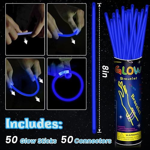 50 Pcs 8" Blue Glow Sticks, Glow Necklaces and Bracelets Set with Connectors – Bright Neon Glow in The Dark Party Favors for Birthday Christmas New Year Halloween 4th of July Wedding Carnival thumbnail 3