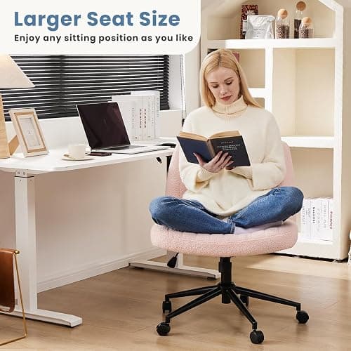 DUMOS Criss Cross Chair with Wheels, Legged Office Armless Wide Desk Seat with Dual-Purpose Base, Adjustable Swivel Teddy Fabric Task Vanity Home Bedroom, Pink - Pink - With Wheels thumbnail 4