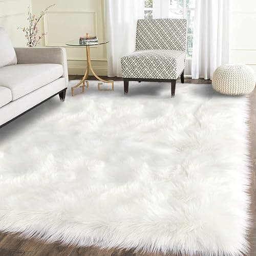 Latepis High Pile Faux Fur Area Rug, 5 x 8 ft, White, Fluffy Rug for Bedroom, Living Room, Playroom, Nursery - Image 1
