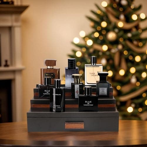 Fengligoo Cologne Organizer for Men - 3 Tier Wooden Cologne Perfume Display Stand with Drawer and Compartment, Mens Cologne Holder Shelf for Organization and Storage,Black Brown thumbnail 4