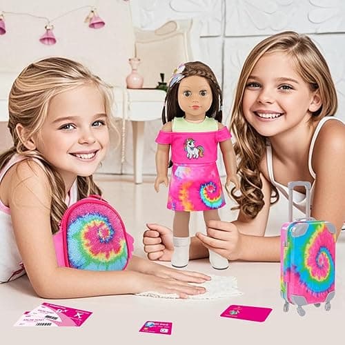 Ecore Fun American 18 Inch Doll Clothes and Accessories, 16 Pcs Girl Doll Clothes and Suitcase Travel Set- Luggage Short Sleeves Skirts Hairband Bag ect (No Dolls) thumbnail 7