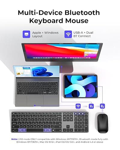 seenda Wireless Bluetooth Keyboard and Mouse Combo (USB + Dual BT), SKM64-3 Multi-Device Rechargeable Slim Keyboard and Mouse, Compatible for Win 7/8/10, MacBook Pro/Air, iPad, Tablet - Black Gray thumbnail 2