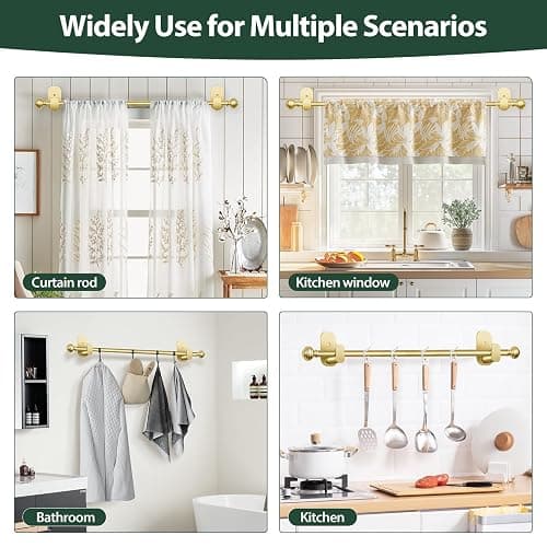 KAMANINA Curtain Rods No Drilling for Windows 32 to 86 Inches, 5/8 Inch Diameter Adjustable Drapery Pole with Adhesive Brackets, Gold thumbnail 5