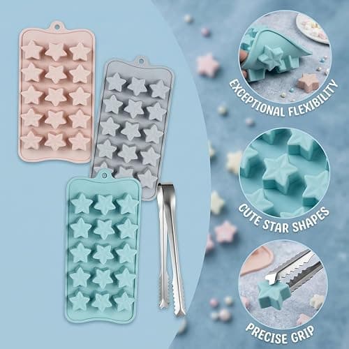 3PCS Star Ice Cube Trays, Mini Star Ice Cube Trays, Unique Moulds with a Tweezer, for Home Cooks and Beverage Decorators, in Pink, Grey and Blue thumbnail 4