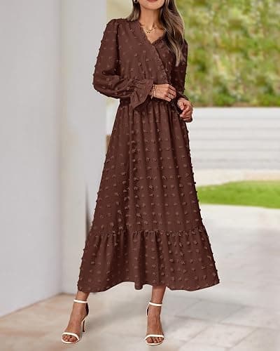 BTFBM Women Fall Maxi Dresses 2025 Long Sleeve V Neck Swiss Dots High Waisted A-Line Ruffle Boho Long Dress Vacation thumbnail 5