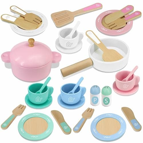 SimpliPlay Wooden Toy Plates and Dishes for Kitchen Set, 30PCS Montessori Play Kitchen Accessories for Toddlers with Toy Pots and Pans, Wooden Play Cooking Set for 3-8 Years Girls & Boys - Image 1