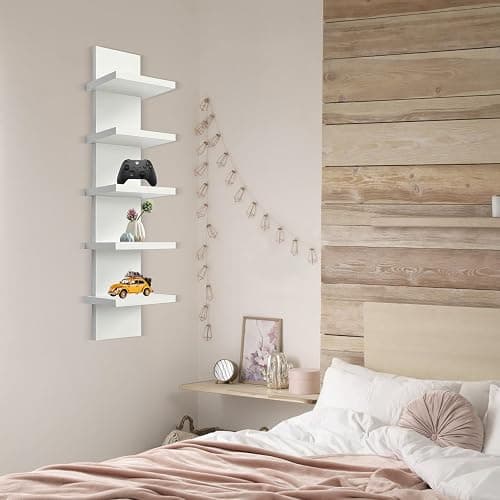 2 Pack 5 Tier Wall Shelf Unit - Narrow Smooth Laminate Finish - Vertical Column Wall Decor Mount Floating Storage Home Decor Organizer Tall Tower Utility Shelf for Bedrooms, Living Rooms(White) thumbnail 2