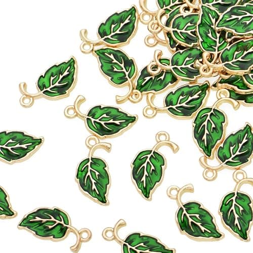 Pack of 80 Green Leaves Enamel Charms Gold Plated Colored Pendants Hawaii Style Accessories for Necklace Bracelet Jewelry Making DIY Crafting - Image 1