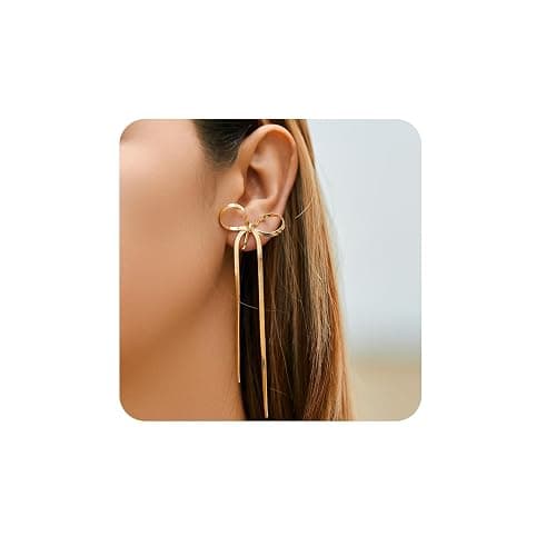 LOFITOR 14K Gold Plated Clip On Earrings for Women Non Piercing Bow Earrings Ribbon Dangle Drop Tassel Chain Statement Clip Earrings Lightweight Fake Bowknot Earring for Non Pierced Ears - Image 1