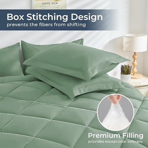 HEVUMYI Light Green Queen Comforter Set - 7-Piece All Season Bed in a Bag Queen, Ultra Soft Bedding Set with Comforter, Flat Sheet, Fitted Sheet, Pillowcases, Pillow Shams - Light Green - Queen thumbnail 4