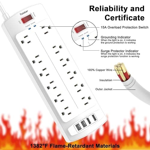 6 Ft Extension Cord Power Strip, Teiobar Surge Protector with 12 AC Outlets and 4 USB Ports for Home, Office, Dorm Essentials, 2700 Joules, ETL Listed, White thumbnail 6