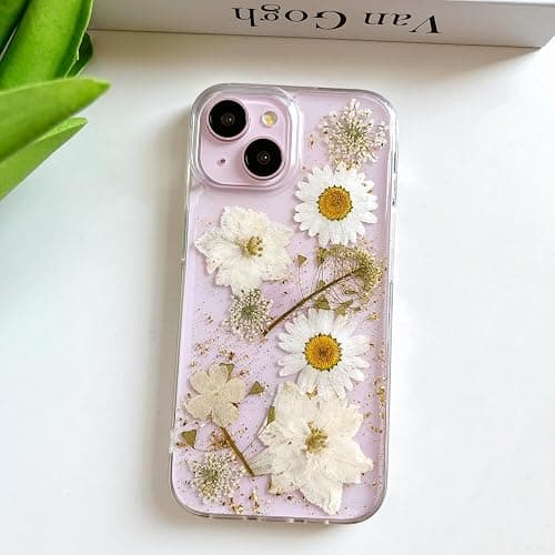 LSEEKA for iPhone 13 / iPhone 14/ iPhone 15 Clear Case with Pressed Real Flowers Design,Glitter Cute White Floral Pattern Soft TPU Protective Women Girl's Phone Cover for iPhone 13/14/15 thumbnail 3