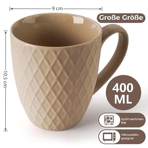 MIAMIO 6 x 14 Oz Coffee Mug Set - Modern Ceramic Matt - Palmanova Collection (Beige) thumbnail 2
