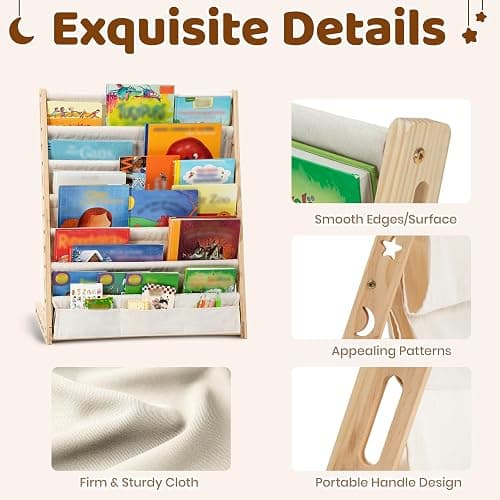 COSYLAND Fabric Kids Bookshelf 6 Tiers,Wooden Sling Book Rack with Deep Shelves for Playroom Nursery Bedroom,Front Facing Nursery Bookcase for Kids (Natural, 63 Cm Wide) thumbnail 5