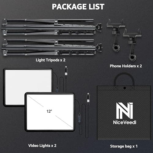 2-Pack LED Video Light Kit, NiceVeedi Studio Light, 2800-6500K Dimmable Photography Lighting Kit with Tripod Stand&Phone Holder, 73" Stream Light for Video Recording, Game Streaming, YouTube… - 15W-2 Pack thumbnail 8