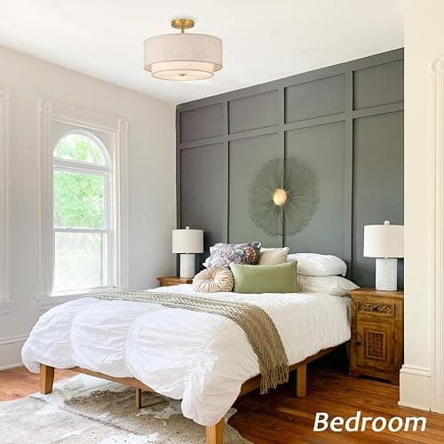 CALOKES 16" Double Drum Gold 3-Light Semi Flush Mount Ceiling Light, Classic Fabric Linen Shade Design for Living Room, Bedroom, Kitchen, Dining Room, Hallway and Entryway thumbnail 7