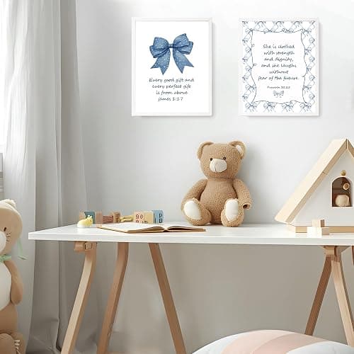 LARTSFRO Coquette Navy Blue Bow Jesus Wall Art Decor Posters, Blue Bow Room Bedroom Bathroom Wall Art Decor Aesthetic for Teen Girls Gifts, Inspirational Bible Verses Bow Wall Decor, 8x10 Inch Set of 4 Unframed Bow Pictures - 8X10in - navy blue bow thumbnail 7