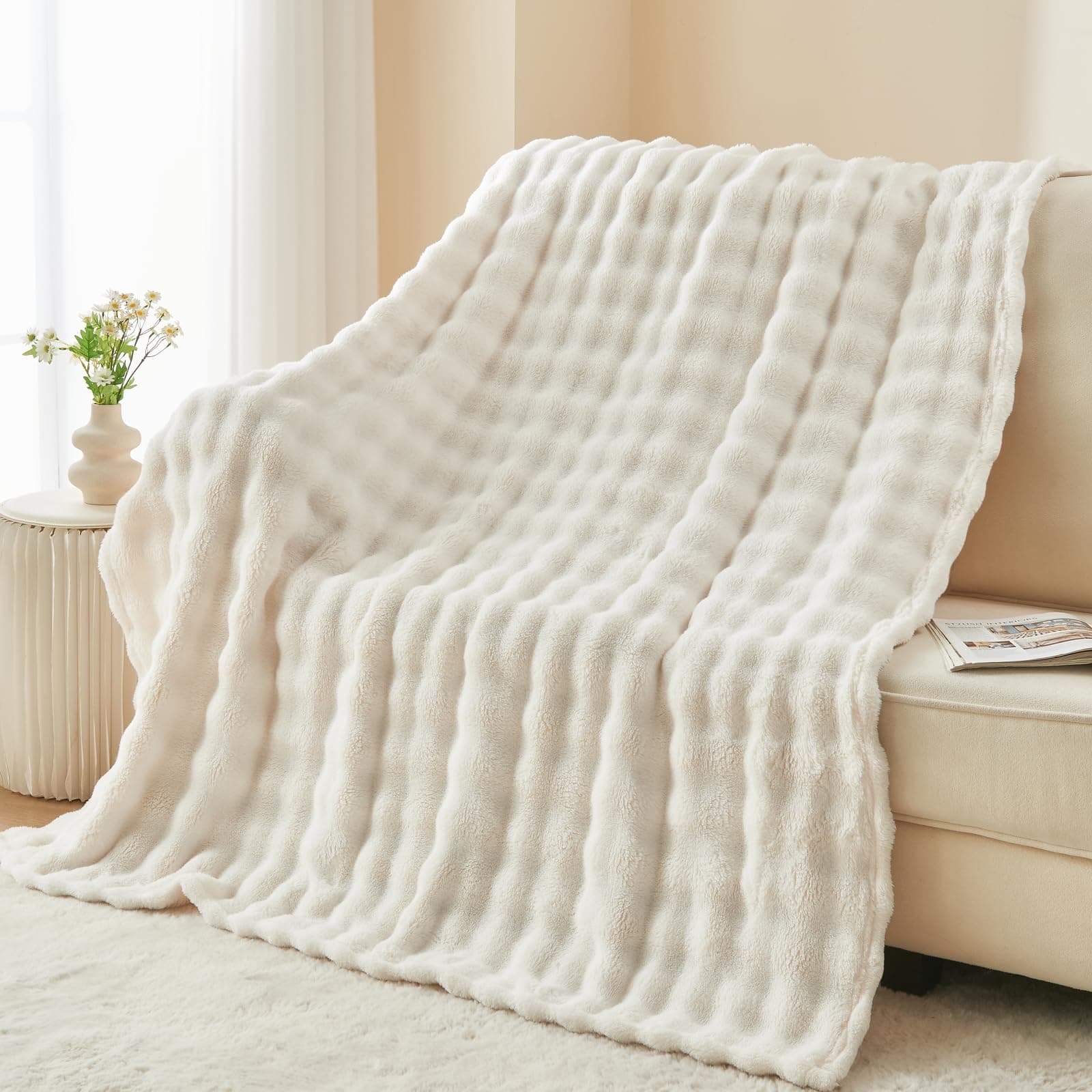 NEWCOSPLAY Fleece Cozy Throw Blanket for Couch, Ivory Bubble, 50"x60" | Premium Silky Flannel Blanket, Soft Lightweight Fluffy Warm Throw Blanket for Bed Sofa Decor, Gift for All Season Use thumbnail 2