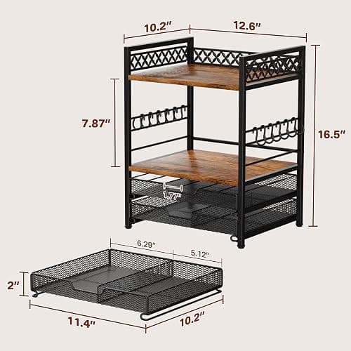 Plaviya Coffee Bar Organizer Coffee Station K Cup Holder for Countertop | 30 Coffee Pods Organizer, Mug Holder with 12 Hooks, 2 Drawers, Multifunctional, Kitchen, Dining Room, Office, Rustic Brown thumbnail 3