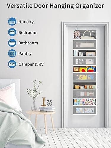 JARLINK Over The Door Organizer Storage, 5 Shelf Hanging Door Organizer with 5 Large Capacity Pockets, Anti Tilt 44 lb Load Behind Door Organizer for Bedroom, Bathroom, Pantry, Nursery, (Grey) - Grey - 1 Pack thumbnail 7