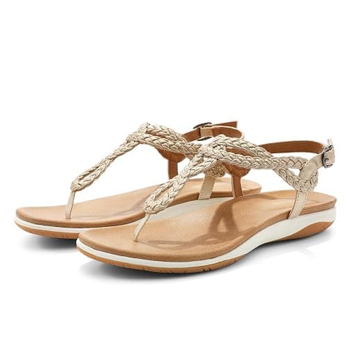 UBFEN Womens Flat Sandals Dress Braided T-Strap Thong Sandals with Arch Support Comfortable for Walking thumbnail 6