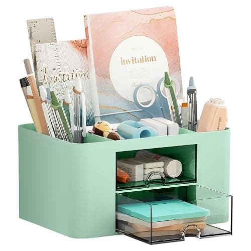 Marbrasse Pen Organizer with 2 Drawer, Multi-Functional Pencil Holder for Desk, Desk Organizers and Accessories with 5 Compartments + Drawer for Office Art Supplies (Green) - Image 1