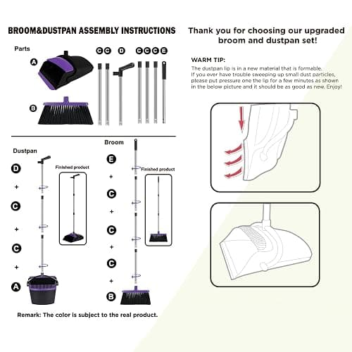 Broom and Dustpan Set, Upright Purple Dustpan Broom, 51" Long Handle Broom and Self Cleaning Dustpan for Home, Kitchen and Office thumbnail 7