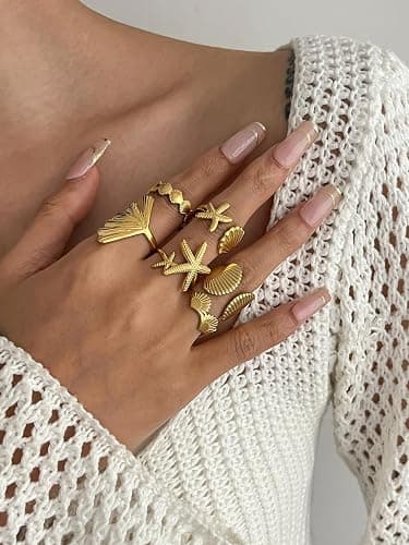 Inactwin 6PCS Chunky Gold Starfish Shell Rings for Women Trendy Dainty Summer Beach Stackable Stainless Steel Ring Surfer Fashion Statement Beachy Boho Jewelry Gifts thumbnail 4