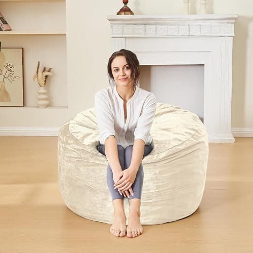 Bean Bag Chairs for Adults - Memory Foam Furniture BeanBag Chair - Teens Sofa with Soft Micro Fiber Cover - Round Fluffy Couch for Living Room Bedroom College Dorm,Medium,White thumbnail 2