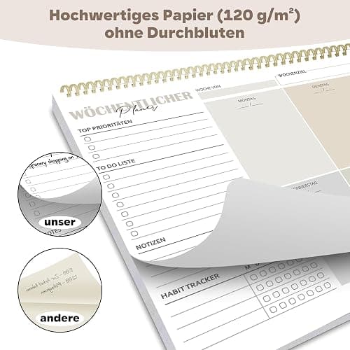 Wochenplaner Block A4 ohne festes Datum, 50 Seiten Weekly Planner, Schreibtischunterlage mit To Do Liste, Spiral-Wochenkalender Wochen Planer mit Wochenübersicht&Habit-Tracker für Termine, Aufgaben thumbnail 5