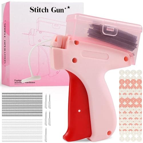 Rudnia Stitch Gun for Clothes, Tagging Gun for Clothing, Stitchy Micro Stitch Gun with Case, Includes 5 Needles, 500 Black & 500 White Micro Fasteners, 100 Silicone Stickers (Pink) - Image 1