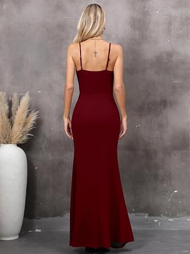 Missufe Robe de soirée pour femme - Robe de soirée - Robe portefeuille - Bretelles spaghetti - Sans manches - Fente - Robe de cocktail - Maxi longue - Robe de bal de mariage thumbnail 5