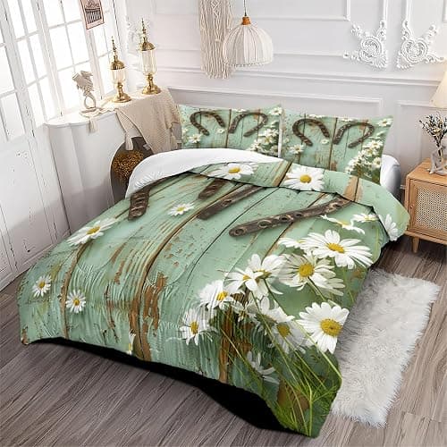 CCoutueChen Teal Rustic Farmhouse Bedding Set Queen Size, Country Wooden Barn Door Comforter for Western Horseshoe Daisy Decor, Suitable for Kids Girls Teen Cowboys Cowgirls,2 Pillowcases/90 * 90 thumbnail 3
