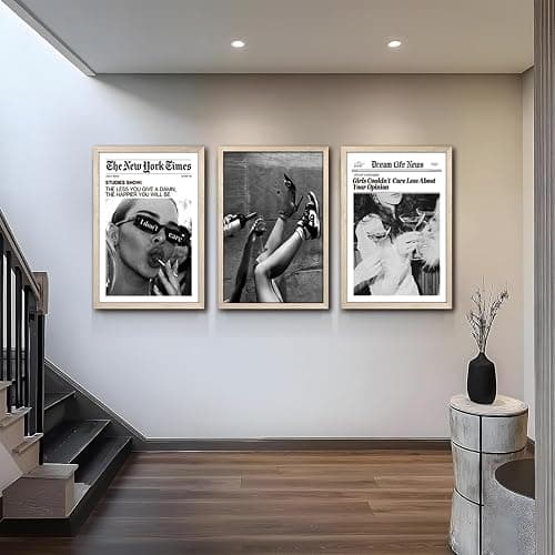Trendy The New York Times Wall Art 16x24 in Wood Framed Black and White Elegant Urban Feminist Canvas Posters Retro Trendy Cocktail Girly Posters Bar Cart Newspaper Living Room Wall Decor Set of 3 thumbnail 4