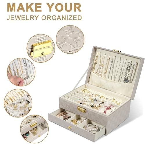 GUOER Jewelry Box for Women Girl Wife - Large PU Leather Jewelry Organizer Storage Case with Two Layers Display for Earrings Bracelets Rings Watches (Light Khaki) thumbnail 4