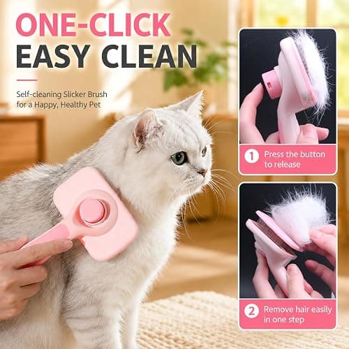 Petobey Self-Cleaning Cat Shedding Grooming Brush for Small Dog Pet Short Hair Remover Set Reusable Lint Removal Tool Carpet Scraper for Clothes Couch Bedding Furniture Car Pink thumbnail 3