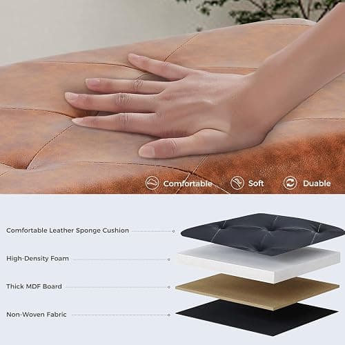DUMOS Foldable Storage Ottoman Bench 43in, Foot Rest Stool, Synthetic Leather Storage Chest with Thicker Foam Padded Seat for Entryway Living Room, Modern Brown thumbnail 5